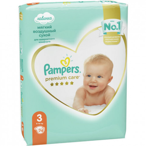 Подгузники КОМПЛЕКТ 74 шт. PAMPERS (Памперс) Premium Care, размер 3 (6-10 кг), 8001090604644