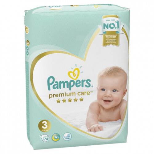 Подгузники КОМПЛЕКТ 74 шт. PAMPERS (Памперс) Premium Care, размер 3 (6-10 кг), 8001090604644