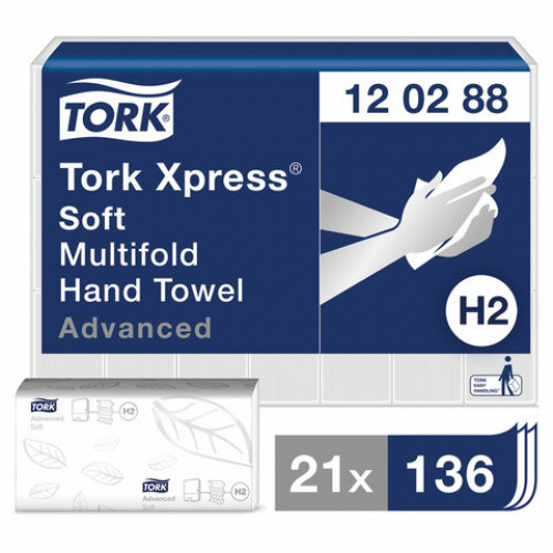 Полотенца бумажные, 136 штук, TORK (Система H2) Advanced, КОМПЛЕКТ 21 штука, 2-слойные, белые, 21х34, Interfold, 120288