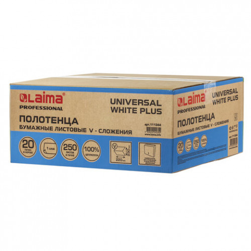 Полотенца бумажные 250 шт., LAIMA (H3) UNIVERSAL WHITE PLUS, 1-слойные, белые, КОМПЛЕКТ 20 пачек, 23х22, V-сложение, 111344