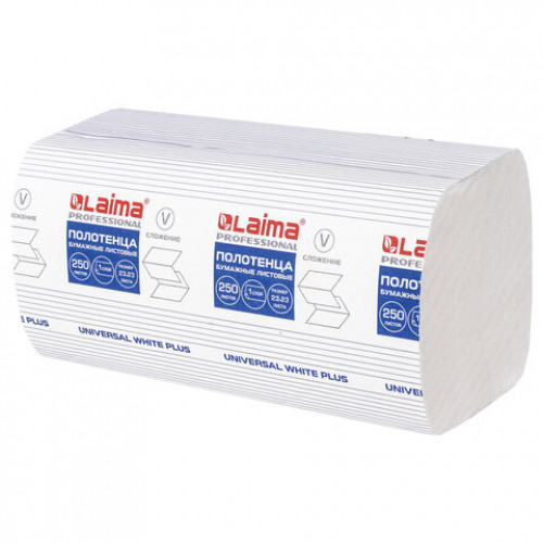 Полотенца бумажные 250 шт., LAIMA (H3) UNIVERSAL WHITE PLUS, 1-слойные, белые, КОМПЛЕКТ 15 пачек, 23х23, V-сложение, 111343