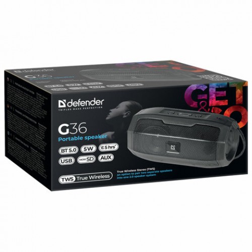 Портативная колонка DEFENDER G36, 5Вт, Bluetooth, FM-тюнер, USB, черная, 65036