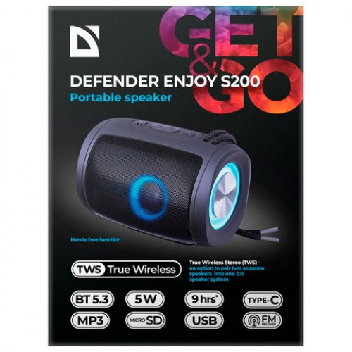 Колонка портативная DEFENDER Enjoy S200, 2.0, 5Вт, bluetooth, FM-тюнер, USB, microSD, 1200мАч, 65200