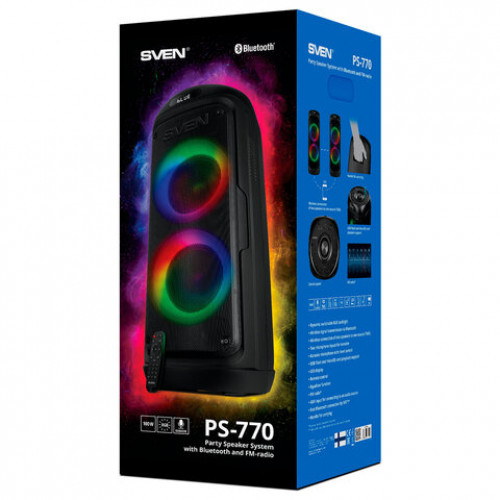 Колонка портативная SVEN PS-770, 100 Вт, TWS, Bluetooth, FM, USB, microSD, LED-дисп, черн, SV-021719