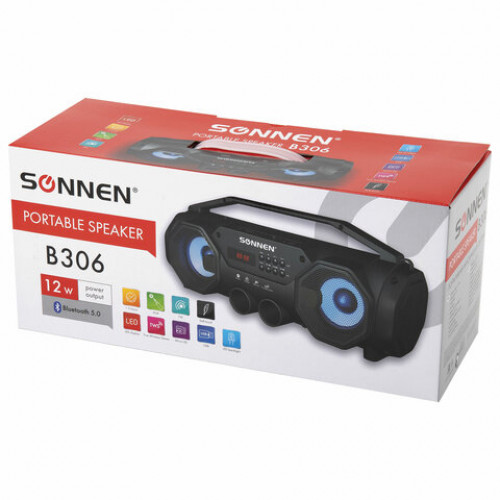 Колонка портативная с подсветкой SONNEN B306, 12 Вт, Bluetooth, FM-тюнер, microSD, MP3-плеер, черная, 513479