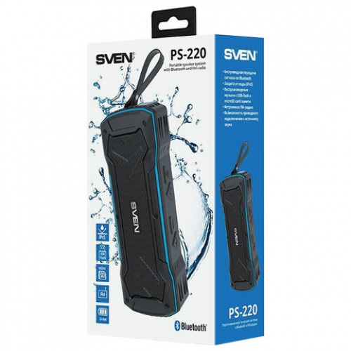 Колонка портативная влагозащищенная SVEN PS-220, 2.0, 10 Вт, Bluetooth, FM, microSD, MP3, черная, SV-016470