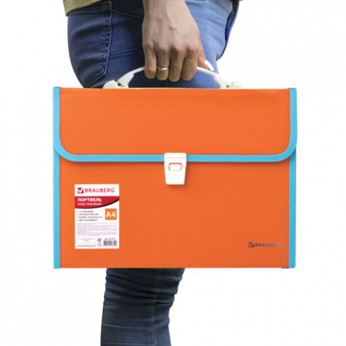 Папка-портфель пластиковая BRAUBERG JOY, А4 (330х245х35 мм), 13 отделений, с окантовкой, оранжевая, 227975