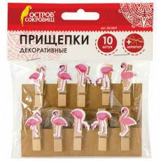 Прищепки декоративные Фламинго, 10 штук, 3,5 см, ассорти, со шпагатом, ОСТРОВ СОКРОВИЩ, 662669