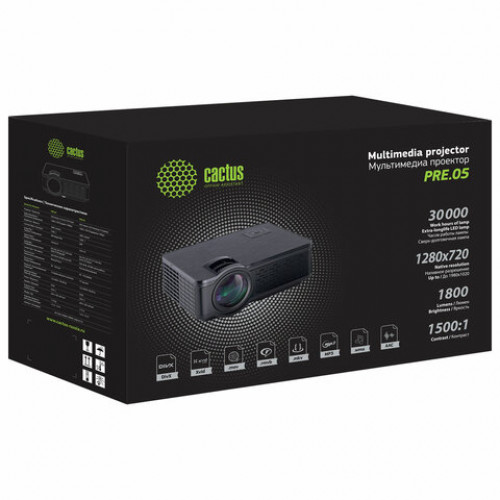 Проектор CACTUS CS-PRE.05B.WXGA-W, LCD, 1280x720, 16:9, 1800 лм, 1500:1, 1,75 кг 8355
