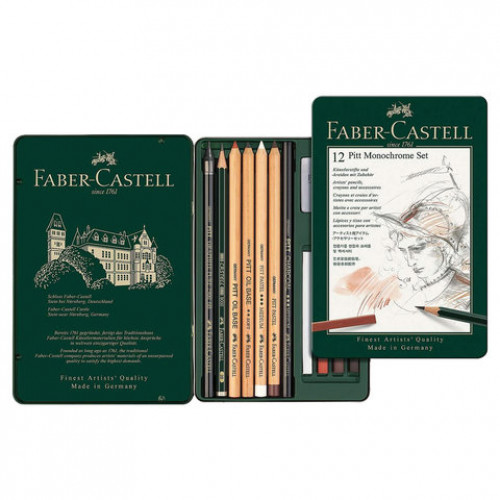 Набор художественный FABER-CASTELL Pitt Monochrome, 12 предметов, металлическая коробка, 112975