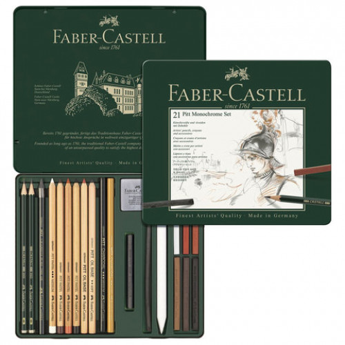 Набор художественный FABER-CASTELL Pitt Monochrome, 21 предмет, металлическая коробка, 112976