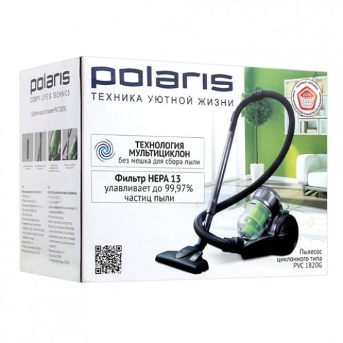 Пылесос POLARIS PVC 1820G с контейнером мультициклон, 1800 Вт, мощность всасывания 400 Вт, зеленый