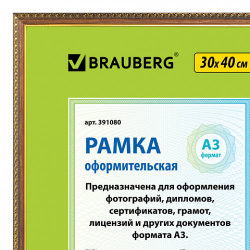 Рамка 30х40 см, пластик, багет 16 мм, BRAUBERG HIT5, бронза с двойной позолотой, стекло, 391080
