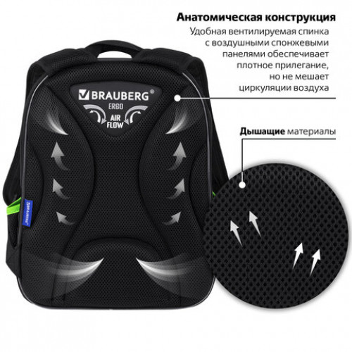 Ранец BRAUBERG QUADRO, 3 отделения, с брелком, Tyrannosaur, светящийся рисунок, 37х28х18 см, 272021