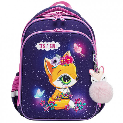 Ранец BRAUBERG QUADRO, 3 отделения, с брелком, Little fox, СВЕТЯЩИЙСЯ, 37х28х18 см, 270601