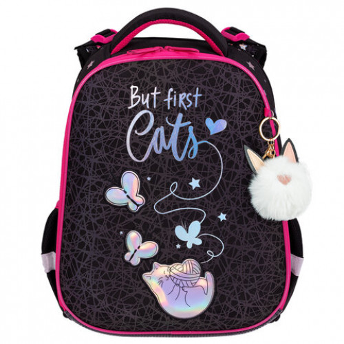 Ранец BRAUBERG LUMINOUS, 2 отделения, с брелоком, Cats first, СВЕТЯЩИЙСЯ РИСУНОК, 38х29х16 см, 271367