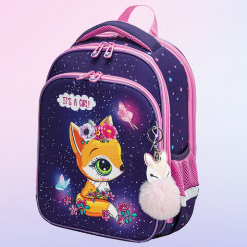 Ранец BRAUBERG QUADRO, 3 отделения, с брелком, Little fox, СВЕТЯЩИЙСЯ, 37х28х18 см, 270601