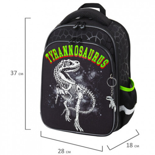 Ранец BRAUBERG QUADRO, 3 отделения, с брелком, Tyrannosaur, светящийся рисунок, 37х28х18 см, 272021
