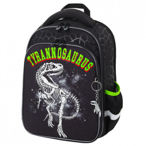Ранец BRAUBERG QUADRO, 3 отделения, с брелком, Tyrannosaur, светящийся рисунок, 37х28х18 см, 272021