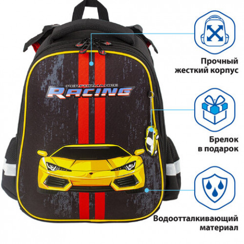 Ранец BRAUBERG PREMIUM, 2 отделения, с брелком, Yellow car, 38х29х16 см, 229908