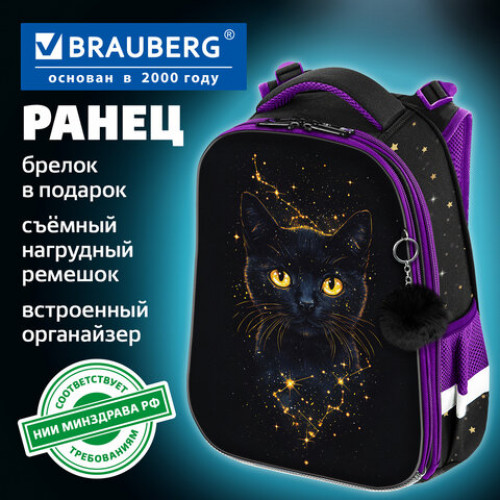 Ранец BRAUBERG ORIGINAL, 2 отделения, с брелком, Galactic cat, 38х29х16 см, 274403