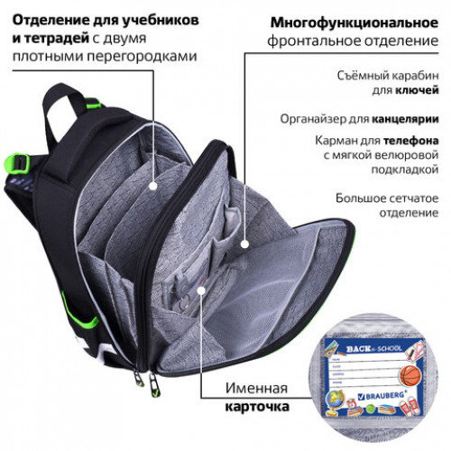 Ранец BRAUBERG PREMIUM, 2 отделения, с брелком, Gunsight, 38х29х16 см, 271357