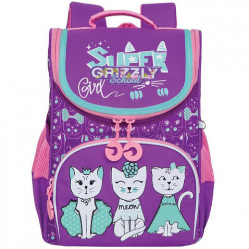 Ранец GRIZZLY школьный, анатомическая спинка, на ножках, для девочек, CATS, 33х25х13 см, RAm-084-1/2