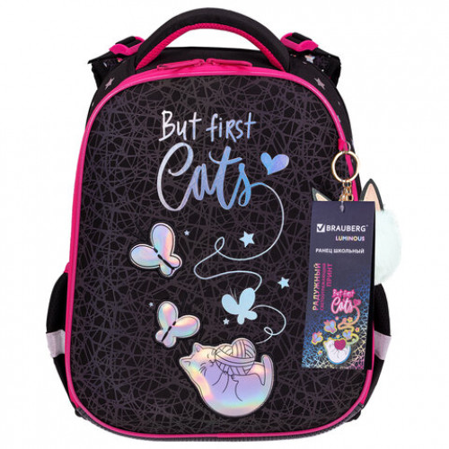 Ранец BRAUBERG LUMINOUS, 2 отделения, с брелоком, Cats first, СВЕТЯЩИЙСЯ РИСУНОК, 38х29х16 см, 271367