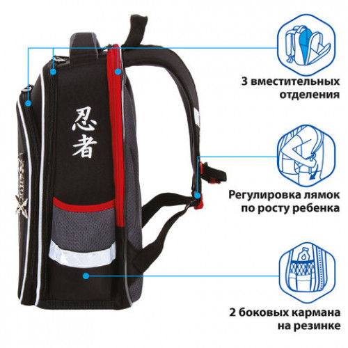 Ранец BRAUBERG QUADRO, 3 отделения, с брелком, Ninja, 37х28х18 см, 229954