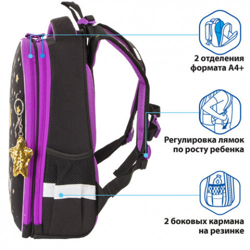 Ранец BRAUBERG PREMIUM, 2 отделения, с брелком, Shiny star, 38х29х16 см, 229903