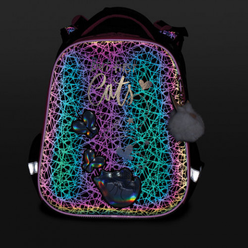 Ранец BRAUBERG LUMINOUS, 2 отделения, с брелоком, Cats first, СВЕТЯЩИЙСЯ РИСУНОК, 38х29х16 см, 271367