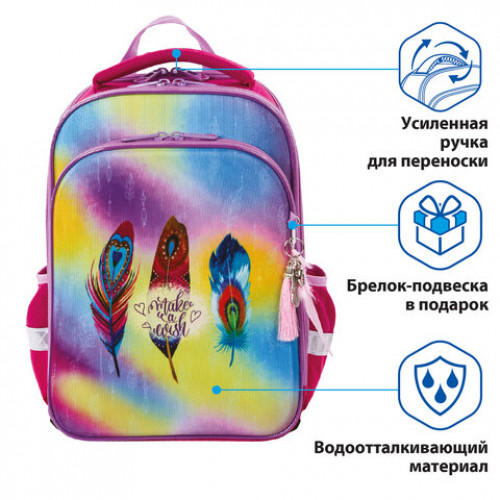 Ранец BRAUBERG QUADRO, 3 отделения, с брелком, Plumage, 37х28х18 см, 229953