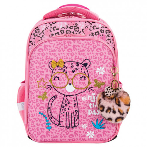 Ранец BRAUBERG QUADRO, 3 отделения, с брелком, Pink leopard, 37х28х18 см, 229950