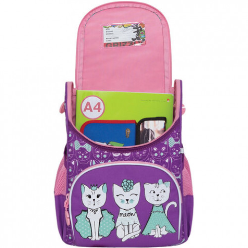 Ранец GRIZZLY школьный, анатомическая спинка, на ножках, для девочек, CATS, 33х25х13 см, RAm-084-1/2