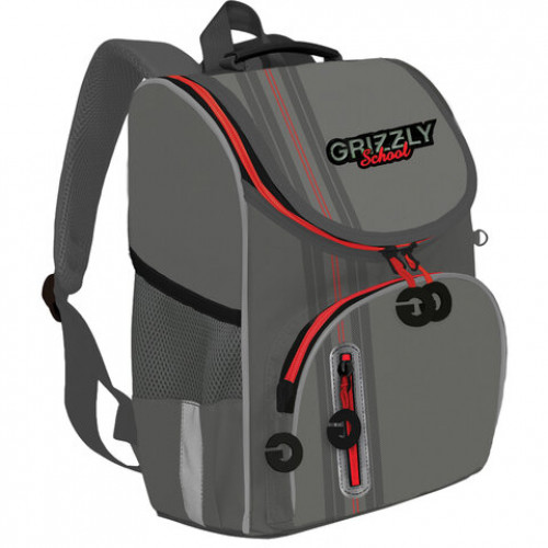 Ранец GRIZZLY школьный, анатомическая спинка, на ножках, для мальчиков, серый, 33х25х13 см, RAm-185-2/3