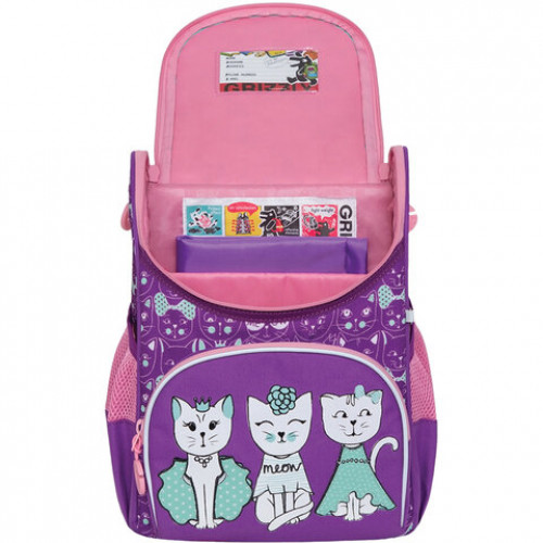 Ранец GRIZZLY школьный, анатомическая спинка, на ножках, для девочек, CATS, 33х25х13 см, RAm-084-1/2