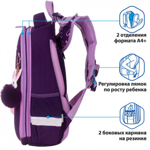 Ранец BRAUBERG PREMIUM, 2 отделения, с брелком, Little Bunny, 38х29х16 см, 229898