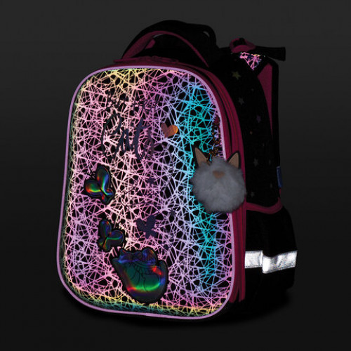 Ранец BRAUBERG LUMINOUS, 2 отделения, с брелоком, Cats first, СВЕТЯЩИЙСЯ РИСУНОК, 38х29х16 см, 271367