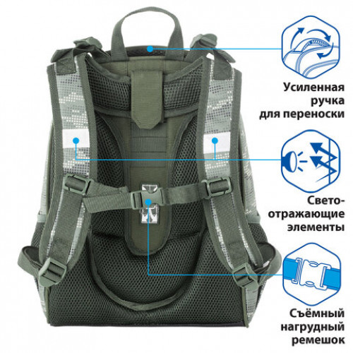 Ранец BRAUBERG PREMIUM, 2 отделения, с брелком, Army, 38х29х16 см, 228783