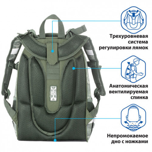 Ранец BRAUBERG PREMIUM, 2 отделения, с брелком, Army, 38х29х16 см, 228783