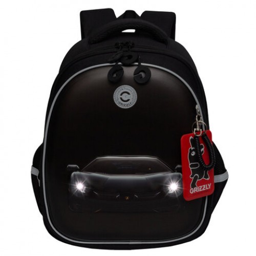 Ранец GRIZZLY анатомическая спинка, c бейджем, для мальчиков, BLACK CAR, 36х28х20 см, RAz-587-7/1