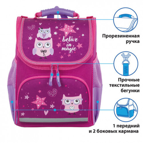 Ранец ПИФАГОР BASIC, с эргономичной спинкой, Smart owls, 35х28х18 см, 229933