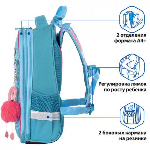 Ранец BRAUBERG PREMIUM, 2 отделения, с брелком, Flamingo, 38х29х16 см, 228785