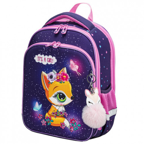Ранец BRAUBERG QUADRO, 3 отделения, с брелком, Little fox, СВЕТЯЩИЙСЯ, 37х28х18 см, 270601