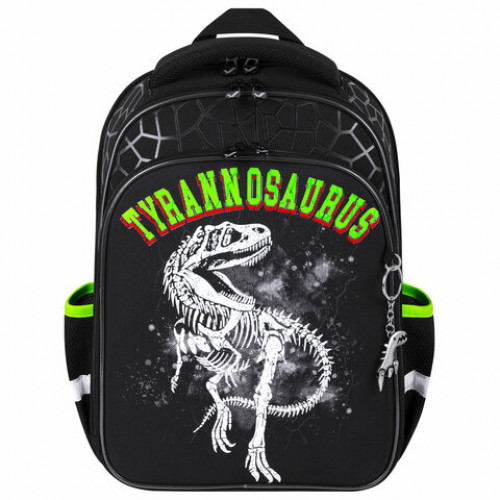 Ранец BRAUBERG QUADRO, 3 отделения, с брелком, Tyrannosaur, светящийся рисунок, 37х28х18 см, 272021
