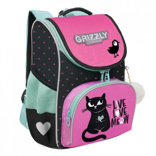 Ранец GRIZZLY анатомическая спинка, с мешком для обуви, для девочек, KITTY, 33х25х13 см, RAm-384-1/2