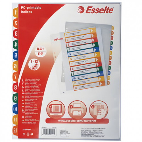 Разделитель пластиковый ESSELTE, А4+, 12 листов, цифровой 1-12, прозрачное оглавление, 100214