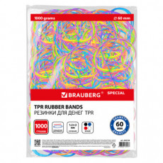 Резинки банковские TPR универсальные, диаметр 60 мм, 1000 г, ЯРКИЕ ЦВЕТА, BRAUBERG SPECIAL, 440194