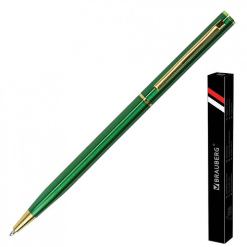 Ручка подарочная шариковая BRAUBERG Slim Green, корпус зеленый, узел 1 мм, линия письма 0,7 мм, синяя, 141404