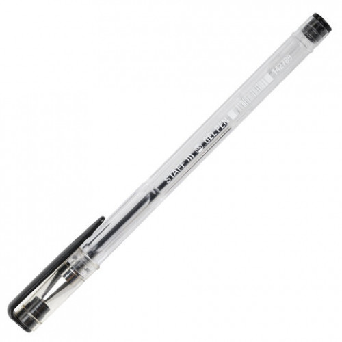 Ручка гелевая STAFF Basic, ЧЕРНАЯ, корпус прозрачный, хромированные детали, узел 0,5 мм, линия письма 0,35 мм, 142789